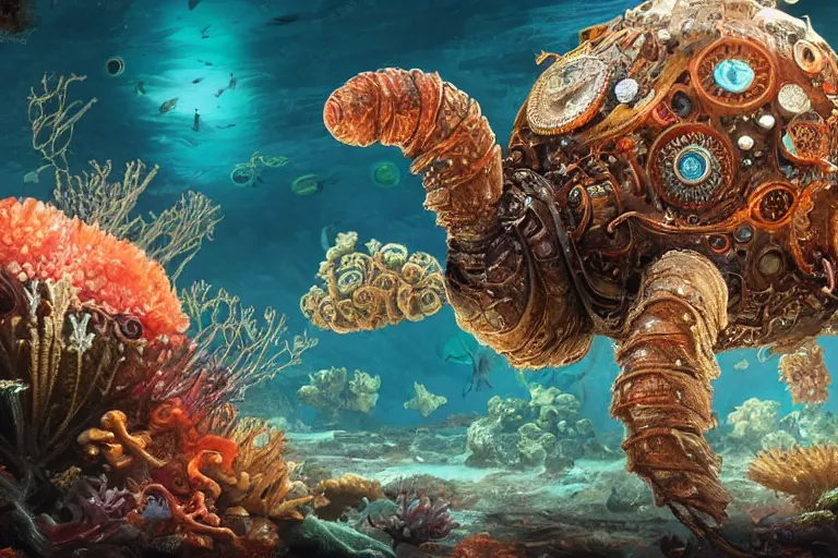 Image similar to beautiful painting of a huge caretta wearing a steampunk armour of in vast ocean coral reef, water bubbles, intricate details, jewel fishes, two magnificent jelly fish, realistic shaded , steampunk, highly detailed, artstation, illustration Greg Rutkowski , octane render, 4k, dynamic light, volumetric light, neon lights, cinematic mood