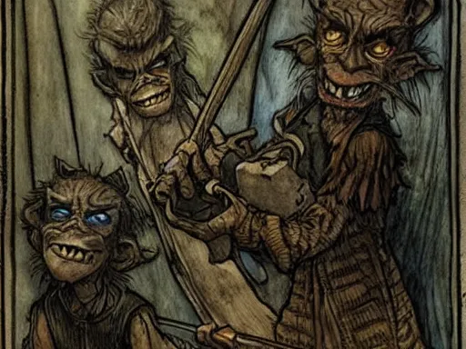 Prompt: goblins in an art gallery by arthur rackham and Tony DiTerlizzi, trending on artstation, detailed