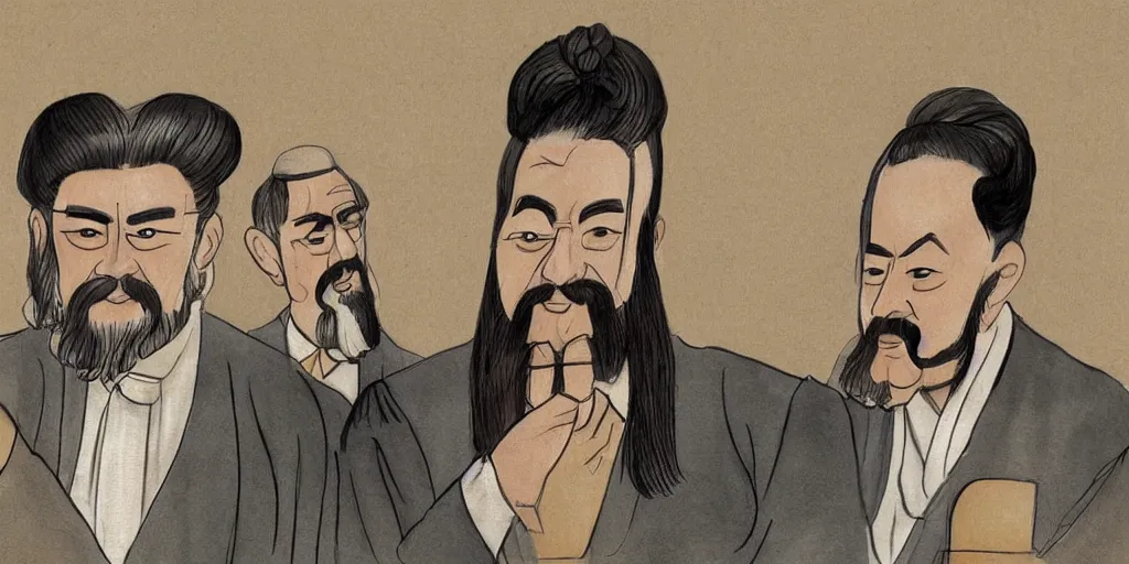 Image similar to Confucius and jury trial in the american courtroom sketch by Christine Cornell by Batton Lash by John M. Downs by Leo Hershfield, concept art