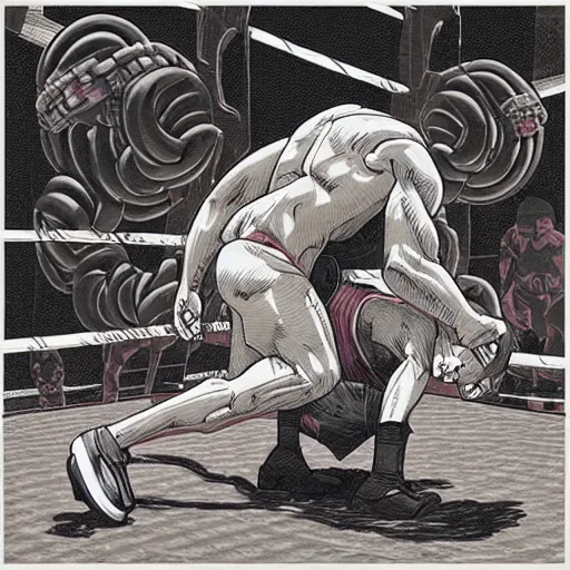 Prompt: “ sam kressin ” “ strength monsters ” wrestling wring in the style of “ joe rubinstein ” “ katsuhiro otomo ”