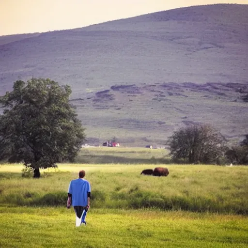 Image similar to guy in blue jack walking in a field