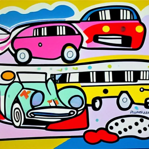 Prompt: cars in the city, painting by romero britto