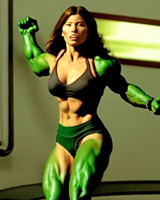 Prompt: jessica biel as she - hulk. green skinned, muscular, wheyfu. movie still