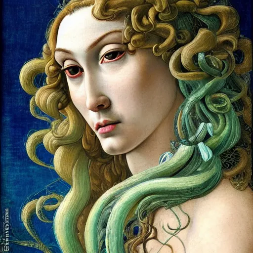 Image similar to intricate detail, hyper detail, drunk woman, very tired, wearing full body mans suite, hazel green eyes, teal eyebrows, with aqua neon rapunzel dreadlocks, detailed, by sandro botticelli, gaston bussiere, h. r. giger, masterpiece, sharp focus,