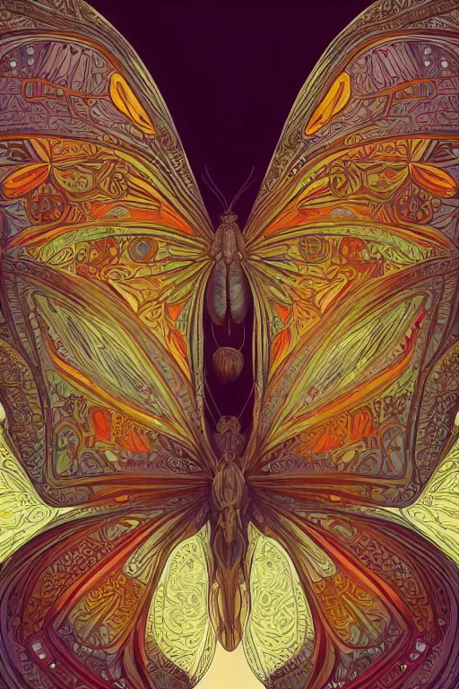 Prompt: illustration of colorful butterfly graphic, symmetrical, beige background, intricate, elegant, glowing lights, highly detailed, digital painting, artstation, sharp focus, illustration, art by wlop, mars ravelo and greg rutkowski