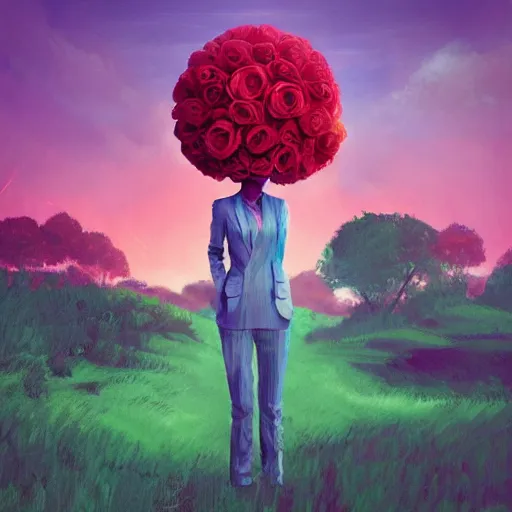 Image similar to portrait, giant rose flower head, girl dancing in a suit, surreal photography, sunrise, blue sky, dramatic light, impressionist painting, digital painting, artstation, simon stalenhag