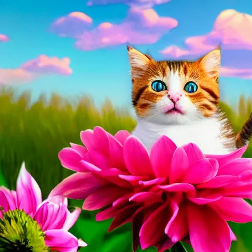 Image similar to very cute and tiny cat with one horn portrait, sitting on a Dahlia flower and flying on a pink cloud, sky background, pixar style, cinematic lightning