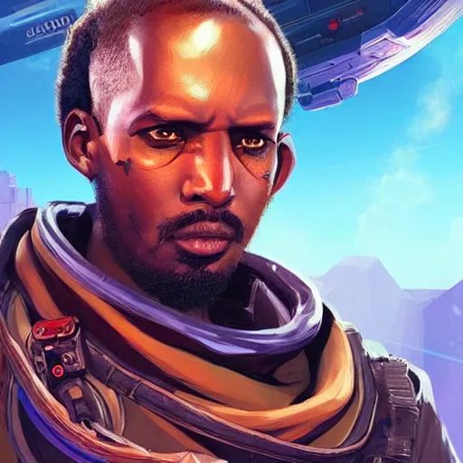 Prompt: a menacing somali space pirate, Apex Legends character digital illustration portrait design, by android jones, detailed, cinematic lighting, wide angle action dynamic portrait