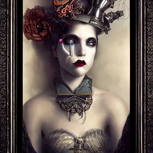 Prompt: By Tom Bagshaw, ultra realist soft painting of a curiosities carnival by night, very beautiful female steampunk Clown in full gothic dress, symmetry accurate features, very intricate details, omnious sky, black and white, volumetric light clouds