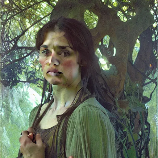 Image similar to a detailed, beautiful portrait oil painting of a girl who looks an 1 8 - year - old actress, with a surprised expression in an ancient forest, by donato giancola, alphonse mucha, and john williams waterhouse