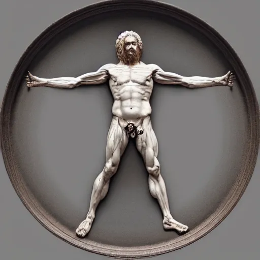 Image similar to Da Vinci's Vitruvian Man as a marble sculpture by Michelangelo, 4k, hyperrealistic, detailed, accurate anatomy, four legs, four arms, octane render, studio lighting