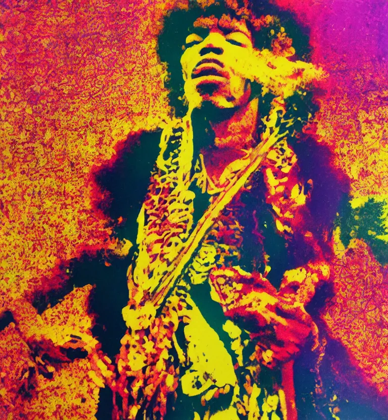 Prompt: colour portrait photography of jimi hendrix full body shot by annie leibovitz, colourful biomorphic opart temple, 8 k