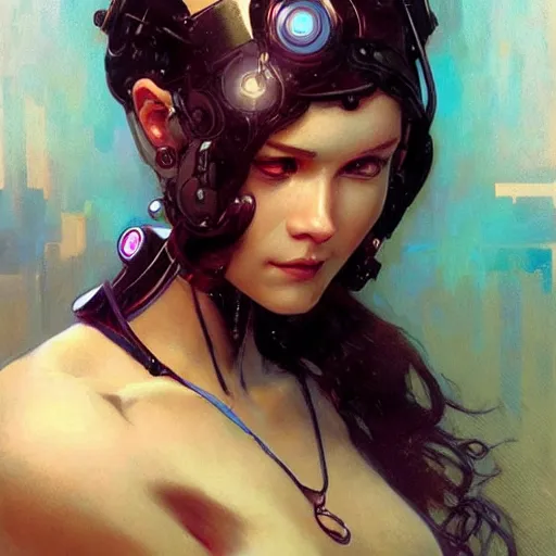 Prompt: female robot, cybernetic paintbrush, robotic arm, incredibly detailed face, pretty face, true anatomy, art by artgerm and greg rutkowski and alphonse mucha