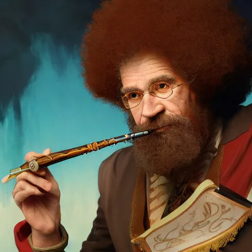 Prompt: an ultra detailed magic the gathering card of bob ross smoking a pipe and dressed as a fantasy bard, d & d, epic fantasy, concept art by alphonse mucha and greg rutkowski, octane render, 8 k, detailed face