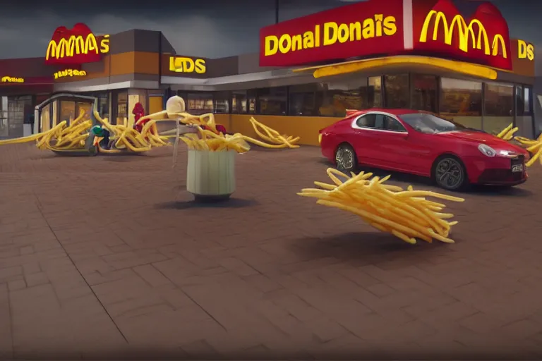 Image similar to a mc donalds commercial with a 3d snake spitting french fries, commercial, 3d render, Mc donalds, 4k, sharp, by Beeple, Octane Render, cinema 4d