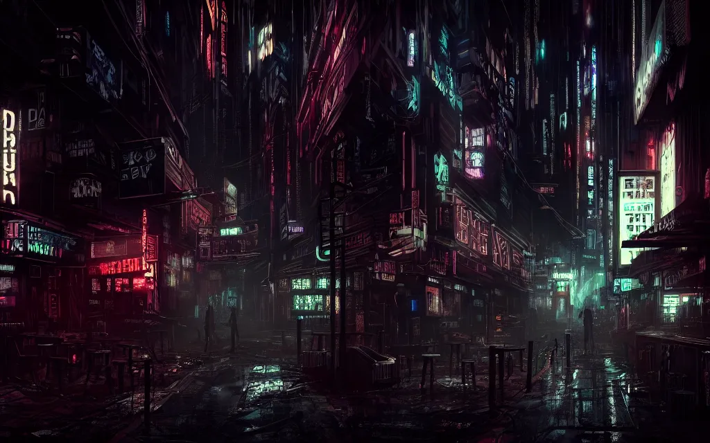 Prompt: dark dystopian cyberpunk bar street neon gothic - noir undertones, cinematic scene, volumetric lighting, dark subdued gloomy