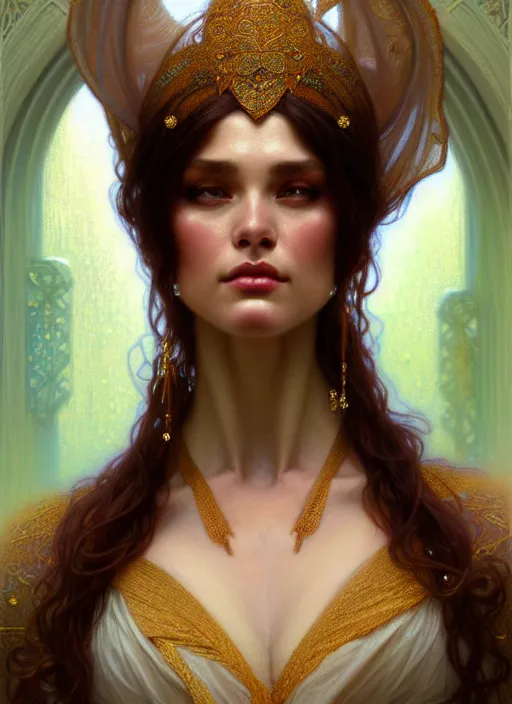 Image similar to character concept portrait of me as modest wife blessed by god to grow ever more intelligent beautiful voluminous muscular tall and virtuous. modestly clothed, intricate, elegant, highly detailed, digital painting, artstation, concept art, symmetry, smooth, sharp focus, illustration, art by gaston bussiere and alphone mucha