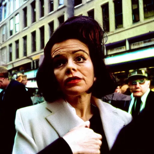 Image similar to portrait of a woman in a suit in the streets of new york, 1 9 6 0 s, colour film street photography, photo taken with ektachrome, featured on flickr, photographed on damaged film