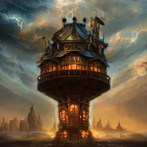 Prompt: Huge flying castle, steampunk digital art, dramatic lightning, trending on artstation, epic composition