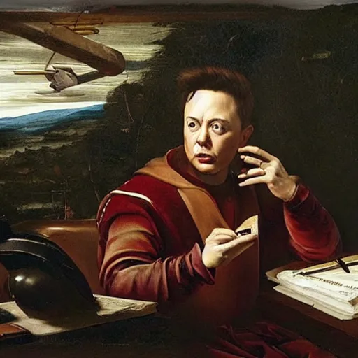 Image similar to Renaissance painting of Elon Musk working on the design of his next invention