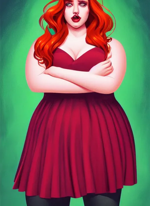 Image similar to full body portrait of teenage cheryl blossom, obese, bangs, green eyes, sultry, realistic, red hair, sultry smirk, wavy hair, pink skirt, fat, intricate, elegant, glowing lights, highly detailed, digital painting, artstation, concept art, smooth, sharp focus, illustration, art by wlop, mars ravelo and greg rutkowski