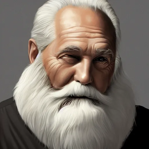 Image similar to man looking in the mirror, old, white beard, dementia, wrinkles, lost in the style of alex ross, 2 d, 4 k, unreal, intricate, digital painting, highly detailed, artstation, sharp focus, illustration, realistic shaded perfect face