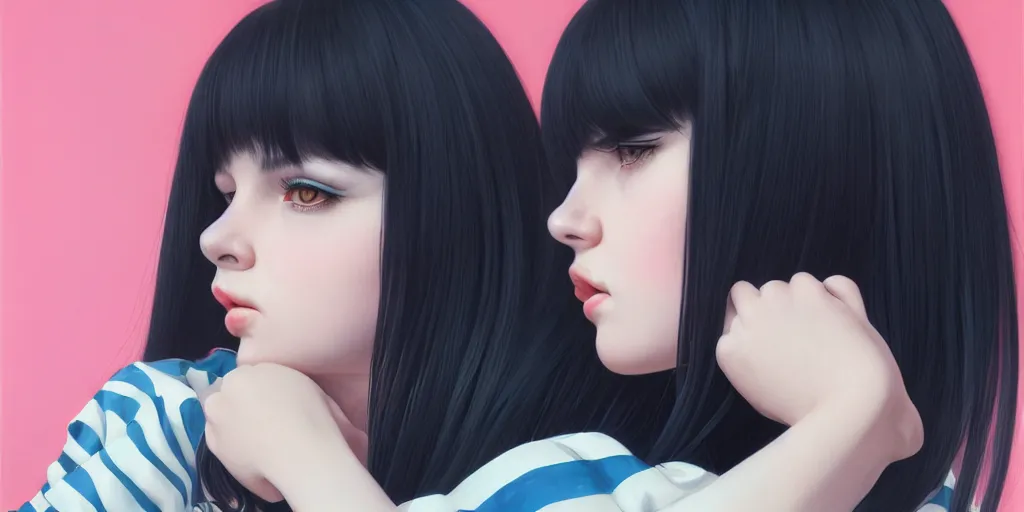 Prompt: a beautiful girl with pink and blue stripes in black hair, realistic female portrait, highly detailed, by ilya kuvshinov, makoto shinkai, photorealistic