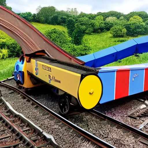 Image similar to Thomas the tank engine derailment accident, 8k photography, high definition, ultra realistic, award winning photo