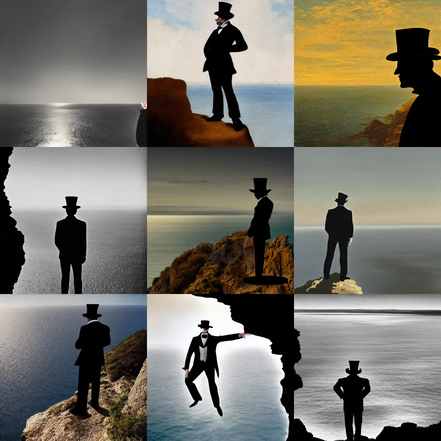 Prompt: a silhouette of a man costumed in top hat and silk tailcoat looking at the horizon from the top of a cliff