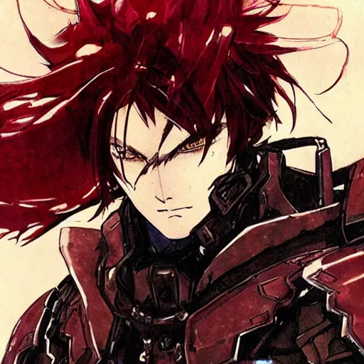 Image similar to an anime man with dark red hair, wearing samurai armor, drawn by yoji shinkawa, sci - fi, highly detailed,