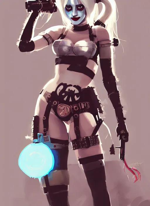 Image similar to portrait of cute harley quinn in cyber bikini armor, warhammer, cyberpunk, by atey ghailan, by greg rutkowski, by greg tocchini, by james gilleard, by joe fenton, by kaethe butcher, by gustav klimt, dynamic lighting, gradient light blue, brown, blonde cream and white color in scheme, grunge aesthetic