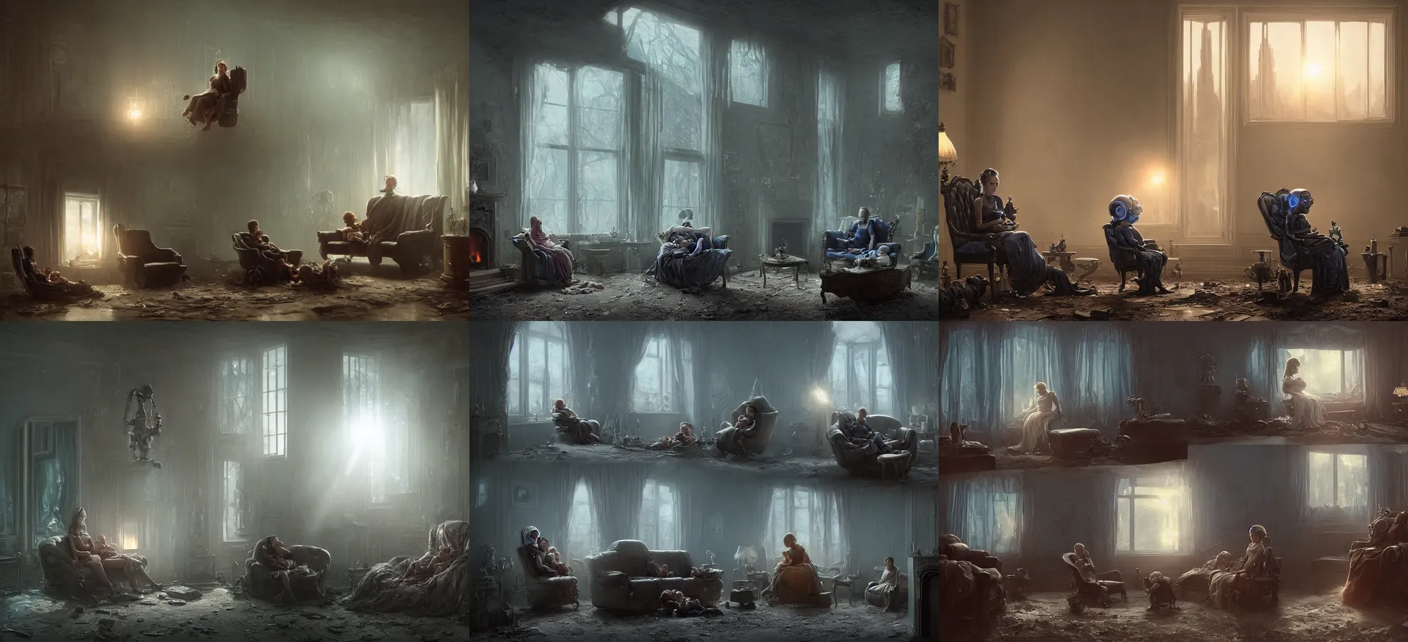 Prompt: An award-winning highly detailed 8k anamorphic closeup cinematic movie photograph of a sad futuristic servant robot seated on a fainting couch holding a baby in front of a roaring fireplace in a post-apocalyptic Victorian home, blue early morning light from the window, with cinematic lighting and lens flare, tall ceiling, by Simon Stalenhag and Gregory Crewdson and Alfonso Cuaron