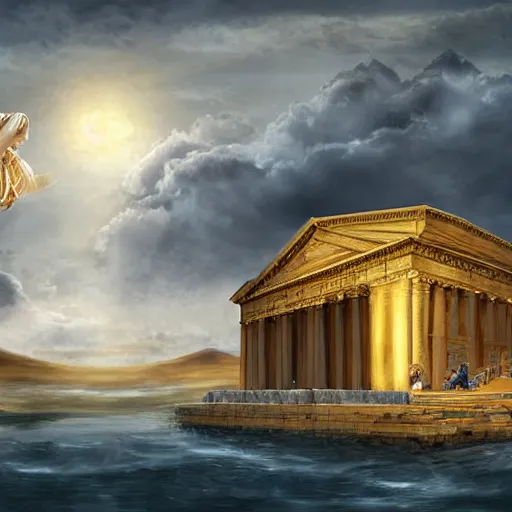 Image similar to young ancient greek woman in golden helmet, a floating pantheon palace in the sky, clouds background, island floating in the sky, epic fantasy style art, fantasy epic digital art