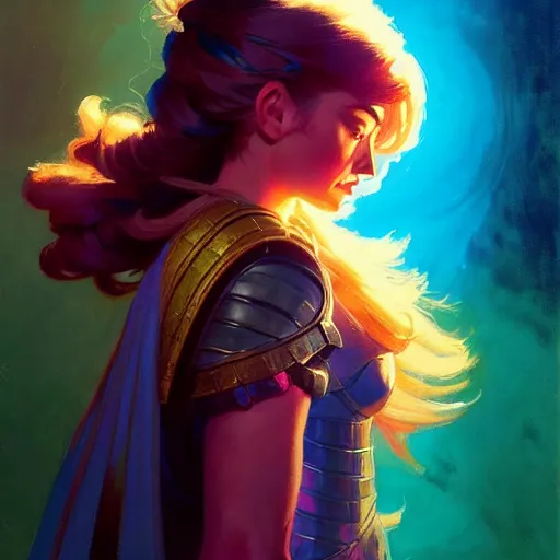 Image similar to side portrait, imogen poots, paladin, gloomhaven, colorful gaudy colors, luminescent, hard edges, organic painting, by greg manchess, huang guangjian, gil elvgren, greg rutkowski, jesper ejsing, magali villeneuve, artgerm, ilya kuvshinov