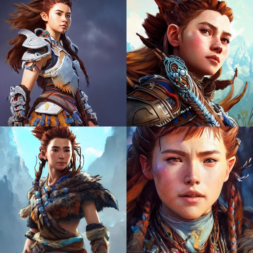Prompt: highly detailed full-body character art of Aloy from Horizon: Zero Dawn, videogame cover art, highly detailed, digital painting, artstation, concept art, smooth, detailed armor, sharp focus, beautiful face, illustration, art by Artgerm and greg rutkowski and alphonse mucha