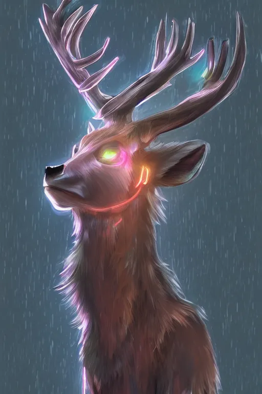 Prompt: a deer fursona, trending on artstation, by kawacy, furry art, digital art, cyberpunk, high quality, backlighting