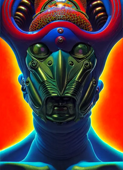 Prompt: cinematic bust portrait of psychedelic android, head and chest only, exotic alien features, robotic parts, Tim Hildebrandt, Wayne Barlowe, Bruce Pennington, donato giancola, larry elmore, oil on canvas, masterpiece, trending on artstation, featured on pixiv, cinematic composition, dramatic pose, beautiful lighting, sharp, details, hyper-detailed, HD, HDR, 4K, 8K