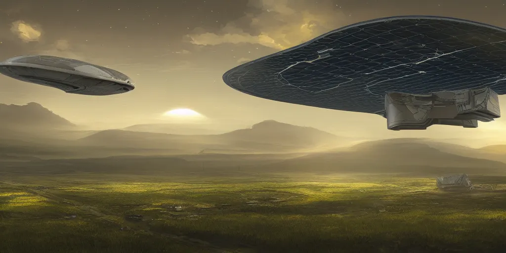 Prompt: solarpunk spaceship hovering over fields and small houses, science fiction digital art, award winning, trending on artstation, digital art. highly detailed 8 k. intricate. lifelike.