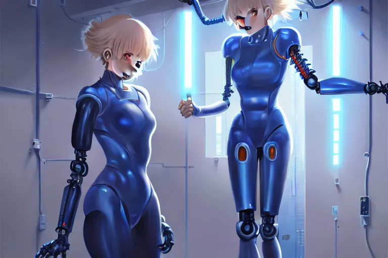 Image similar to datacenter room connects cables young robot server android baroque oil painting finely detailed perfect face flowing long fiberoptics blonde hair robot eyes blue. anime shinkai takeuchi key visual of character concept art metal female robot body suit pixiv fanbox, painted by greg rutkowski