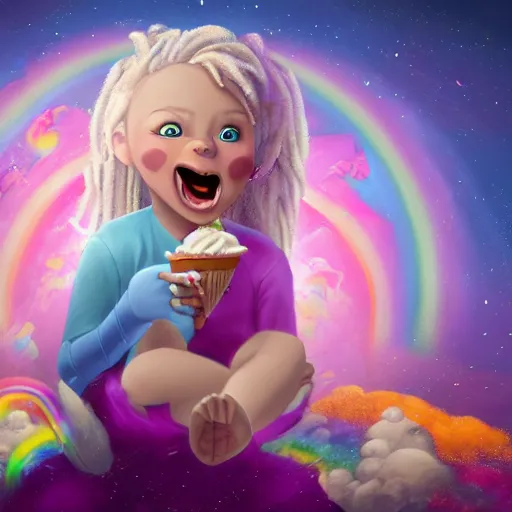 Prompt: An epic fantasy comic book style portrait painting of an adorable little albino girl with blonde dreads eating ice cream, smiling, sitting on top of a rainbow, high quality, stars, rainbow, care bear land with my little pony vibes, atmospheric fantasy setting, unreal 5, DAZ, hyperrealistic, octane render, RPG portrait, ambient light, dynamic lighting