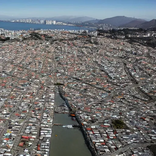 Prompt: color photo from drone over Mission Bay, San Francisco, in 2035, looking North at the golden hour, and the bay between San Francisco and Oakland is now filled in with a bustling favela, shanty houses of every different color, recycled materials, electric lines running everywhere, lights coming on in most of the houses, hyperdetailed, ap photo