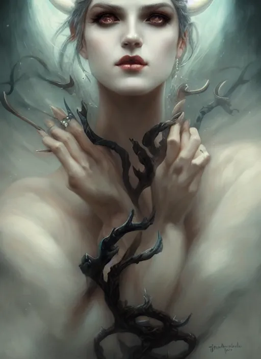 Image similar to a hauntingly beautiful woman with horns, painted by artgerm and tom bagshaw, fantasy art, dramatic lighting, highly detailed oil painting