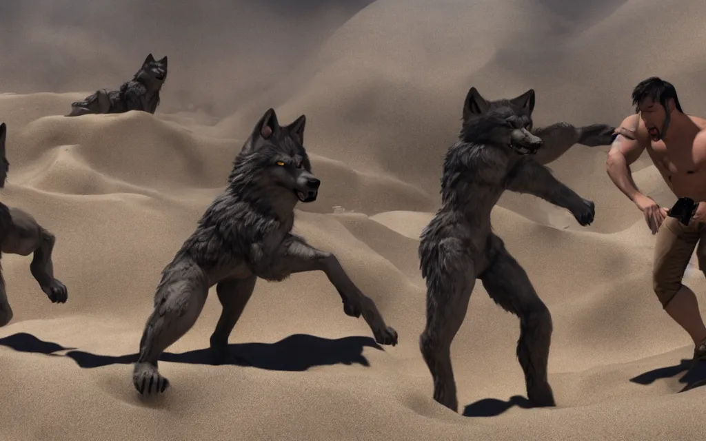 Prompt: wolfs and van darkholme playing in the sandbox photo screen form george lucas film