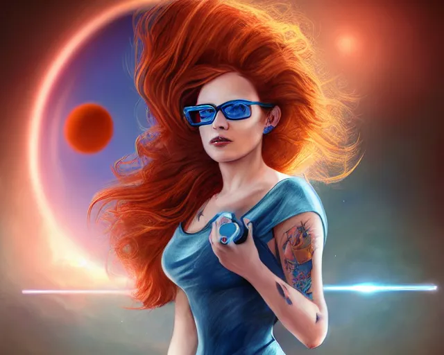Prompt: side portrait of a beautiful tattoed redhead woman carrying a laser gun, a planet in the background. blue dress, light blue iridescent hair color, long windy hair style, large red glasses, fantasy, intricate, sharp focus, lens flare, bloom, rim light, illustration, highly detailed, digital painting, concept art, matte, art by ruan jia