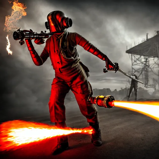 Image similar to full length photo of a beautiful atompunk warrior with a flamethrower, 8 k, hdr, smooth, sharp focus, high resolution, award - winning photo