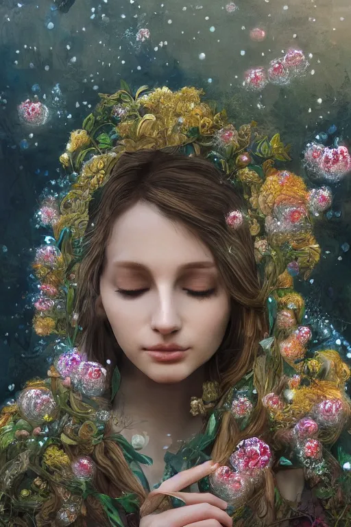 Image similar to elaborately detailed close up portrait of an extremely beautiful girl surrounded by flowers, an eerie mist and ethereal rainbow bubbles, Aetherpunk, high fantasy matte painting, fantasy matte painting movie poster, Art Nouveau, smooth, sharp focus, atmospheric lighting, highly detailed illustration highlights, backlight, golden ratio, 8K detail post-processing, symmetrical facial features, rich deep moody colors, majestic, dark epic fantasy, award winning picture, sense of awe, featured on DeviantArt, trending on cgsociety