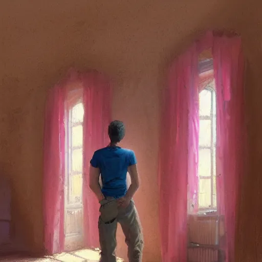 Prompt: concept art, young man in pink shirt standing near french windows, by james gurney, greg rutkowski, john howe, artstation