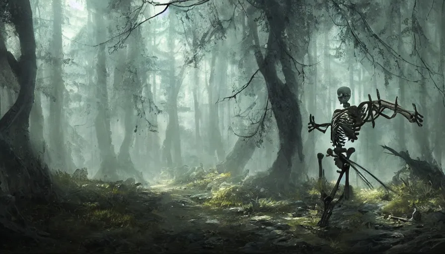 Prompt: A beautiful painting of a Skeleton warrior in a magical forest, ray traced sun light, by greg rutkowski and Kalin Popov , Trending on artstation HD.