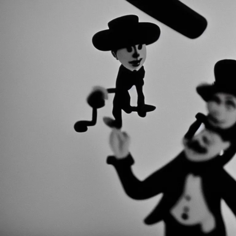 Image similar to a cinematic film still of a claymation stop motion film starring charlie chaplin, shallow depth of field, 8 0 mm, f 1. 8