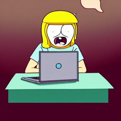 Image similar to a person with bloodshot eyes and tongue out staring at the computer with despondence, adventure time style